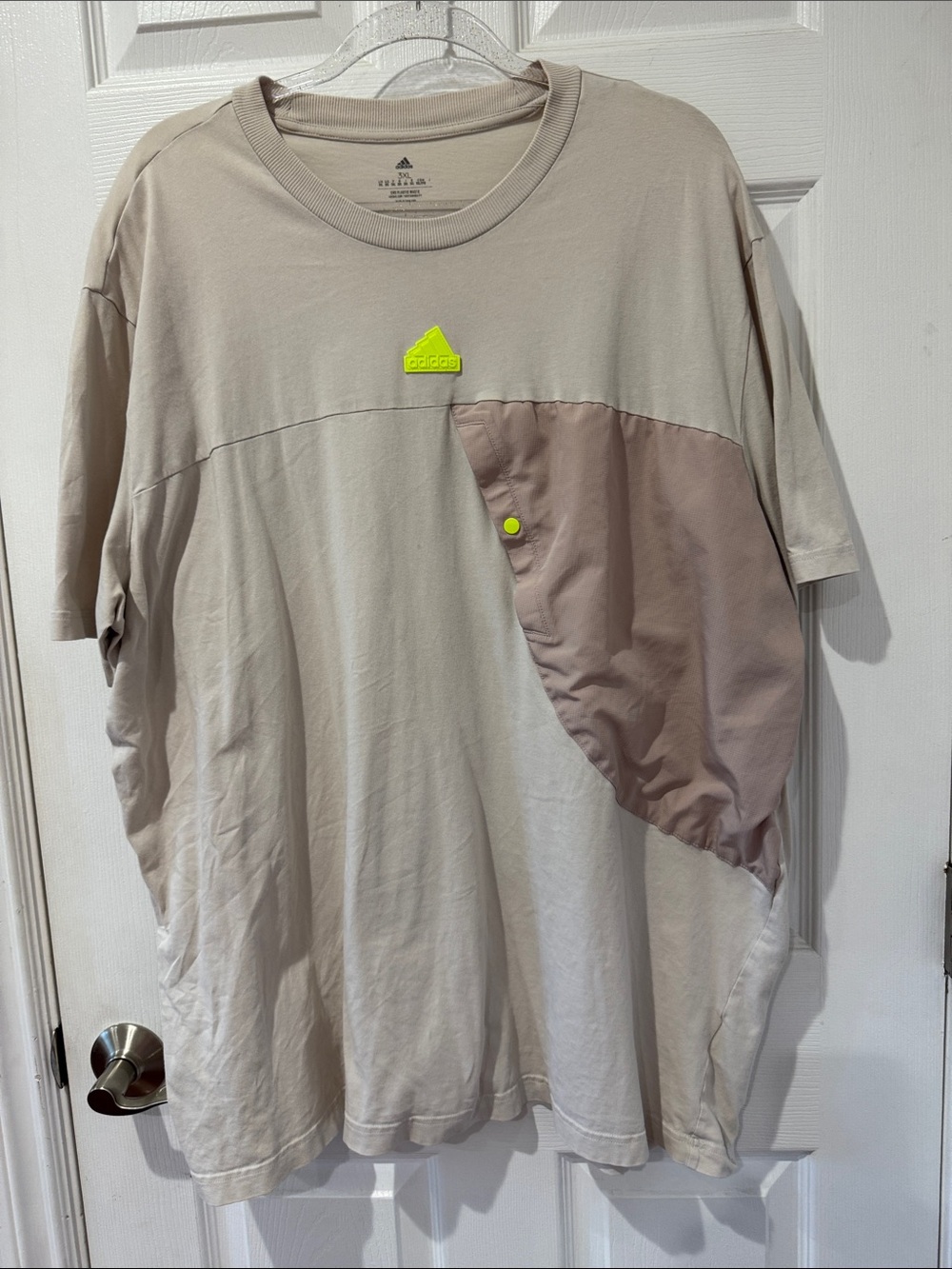 Adidas Men’s Beige Short-Sleeve Crewneck Shirt with Accent Pocket